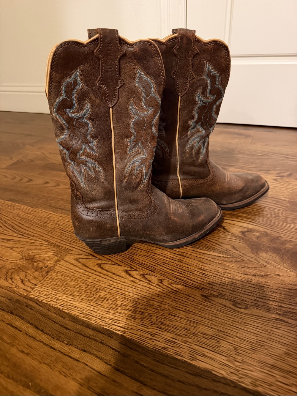 Brown Leather Cowboy Boots with Blue Stitching - Justin Boots